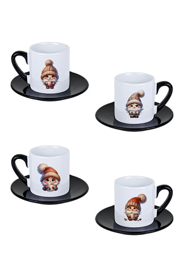 Cute Gnomes Printed Black Set of 4 Porcelain Turkish Coffee Cups
