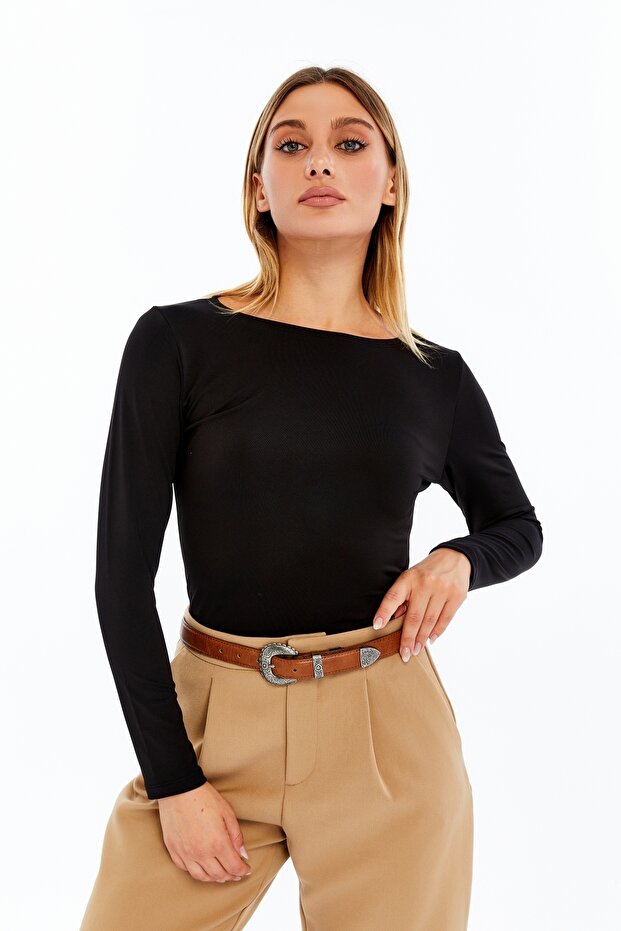 Boat Neck Long Sleeve Blouse Black