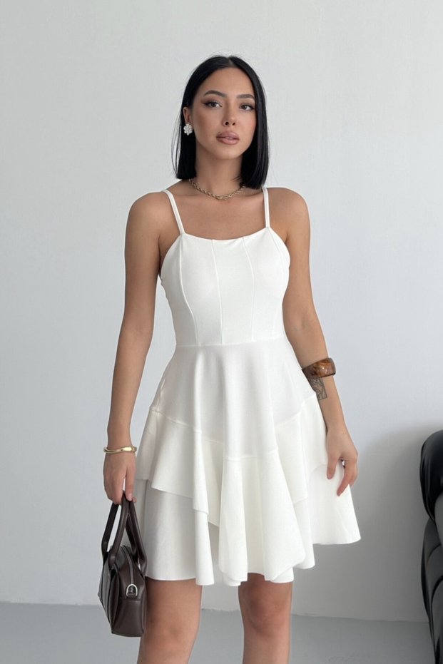 Thin Strap Skirt with Layer Detail White Evening Dress Homecoming Dress