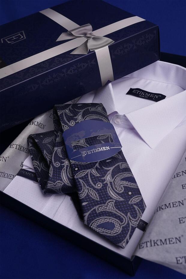 Dark Blue Shawl Patterned White Dobby Tie Set - Gift Boxed