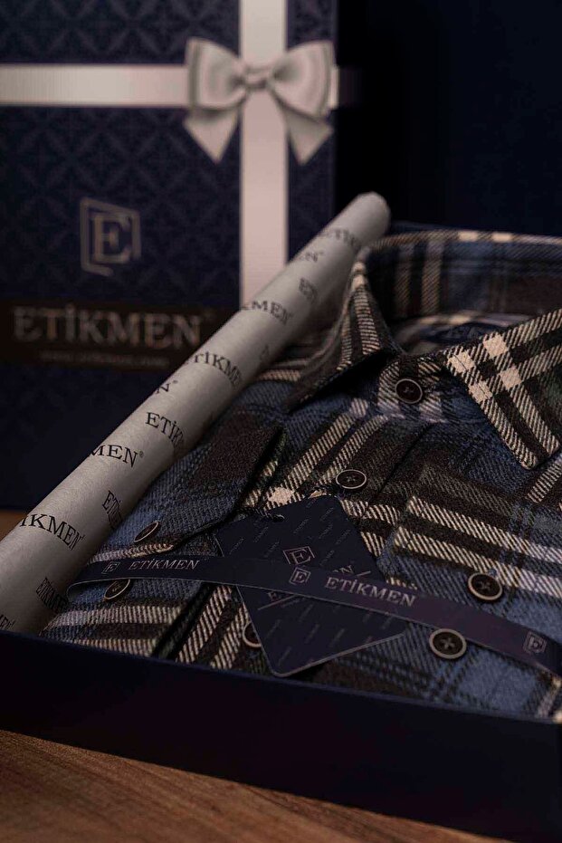 قميص Lumberjack للرجال - أزرق داكن وأبيض، Slimfit، مع صندوق هدايا