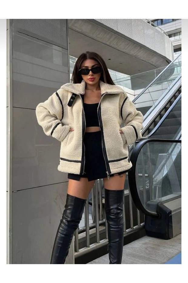 Beżowy Pluszowy Płaszcz - Damski, Premium Design, Zamek Błyskawiczny LQ - 3