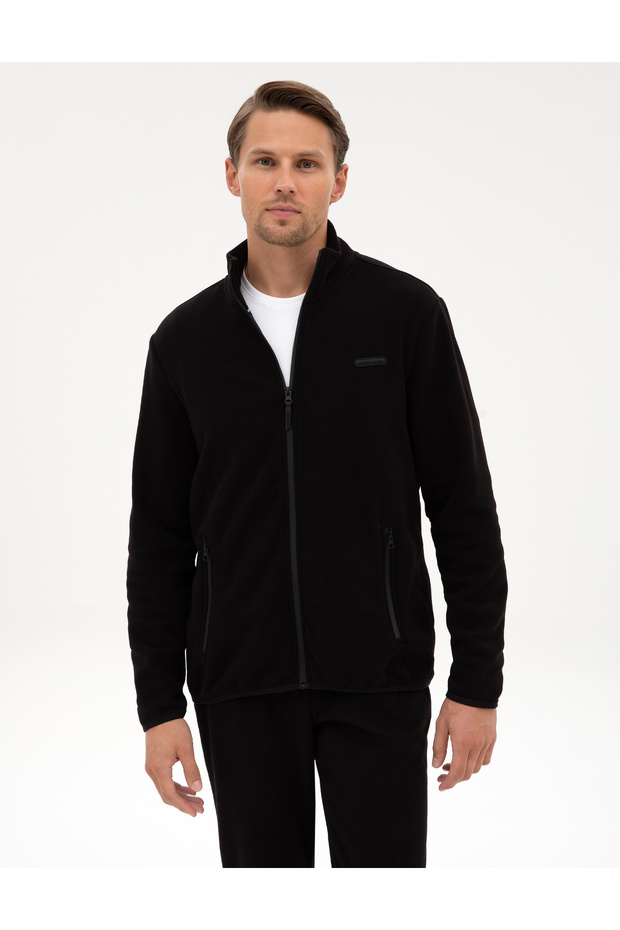 Black Regular Fit Fleece Cardigan 50314014-Vr046