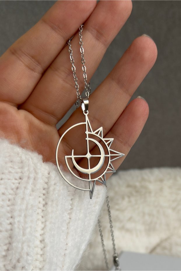 Sun Moon and Planet Themed Marginal Steel Necklace, Handmade Premium Steel Pendant with Steel Tips