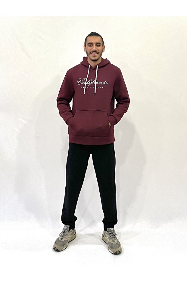 Men's Hooded Comfortable Fit Fleece Lined 3-Thread El Letter Printed California Printed Sweatshirt Spr24Sw03