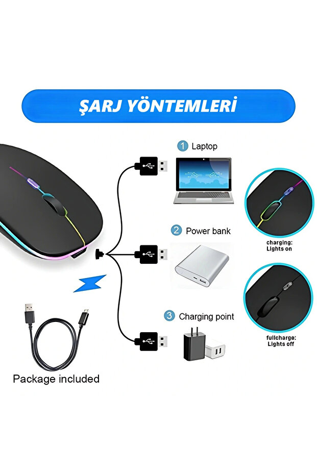 Şarj Edilebilir Kablosuz Led Işıklı Sessiz Optik Mouse - 6