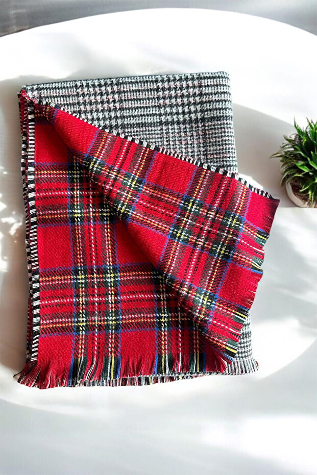 Puffy Yün Dokulu Çift Taraflı Ekose Atkı Şal - 3