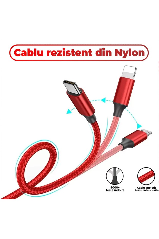 Data and Fast Charging Cable, 3 in 1,40W, QC 3.0, USB, USB-C, Lightning, 1.2m, Red - 4