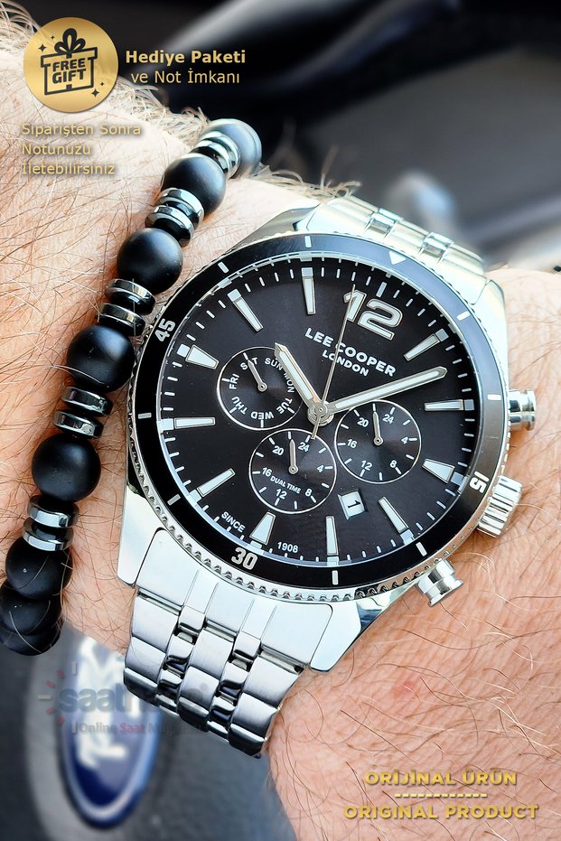 Men's Dual Time Wristwatch with Black Dial and Phosphorescent Hands, Featuring Original Functions and Active Bracelet Gift