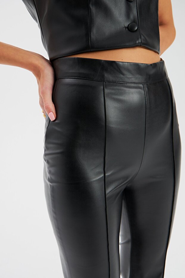 İspanyol paça deri pantolon - Siyah - 7