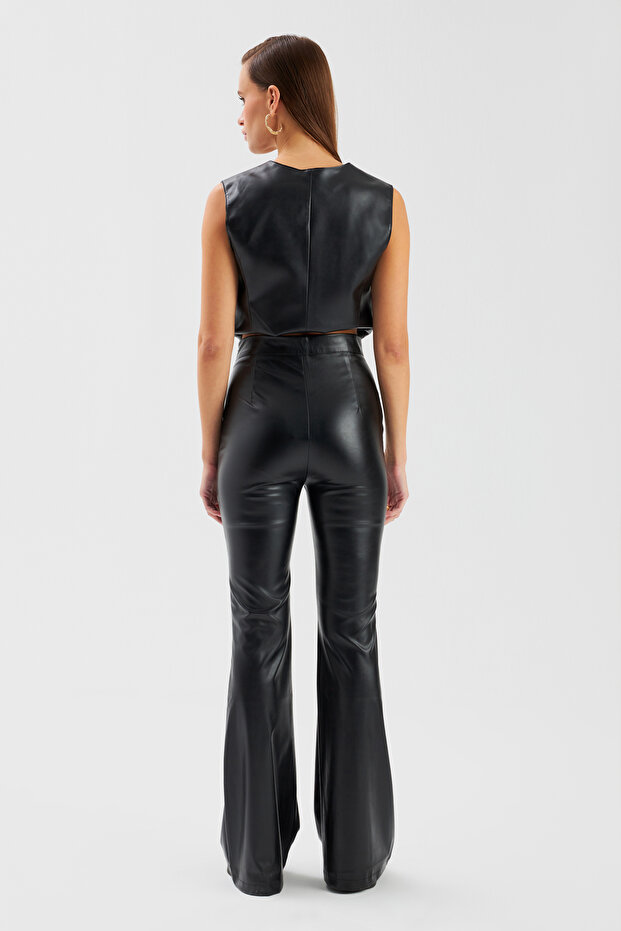 İspanyol paça deri pantolon - Siyah - 8