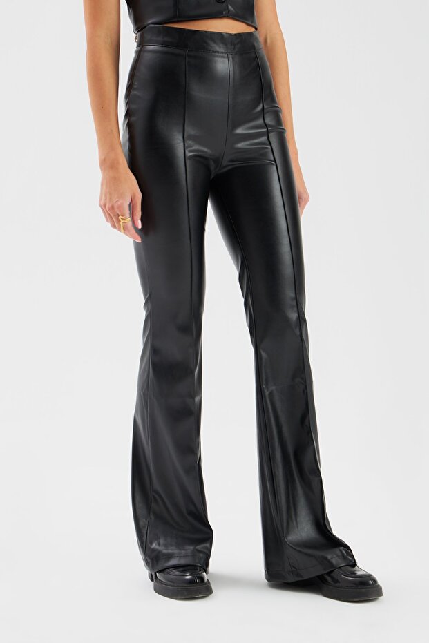 İspanyol paça deri pantolon - Siyah - 6