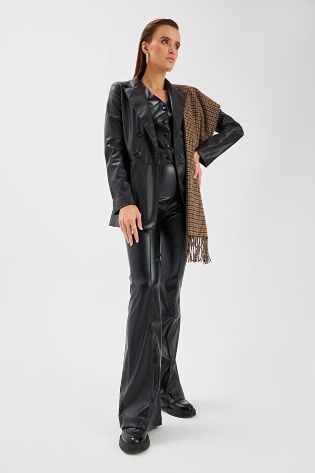 İspanyol paça deri pantolon - Siyah - 2