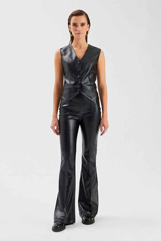 İspanyol paça deri pantolon - Siyah - 5