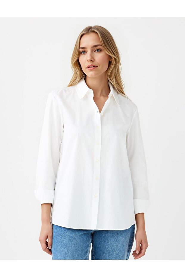 Ekru %100 Pamuk Düz Kesim Uzun Kollu Dokuma Gömlek - 2