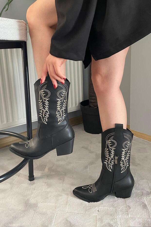 Women's Lori Black Leather Cream Angel Embroidered Zippered Western Cowboy Boots