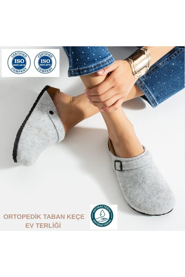 Women's Gray Cork Sole Orthopedic Felted Winter Closed-Front Sabo Daily Comfortable House Slippers
