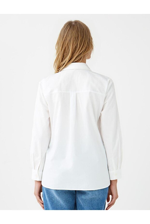 Ekru %100 Pamuk Düz Kesim Uzun Kollu Dokuma Gömlek - 5