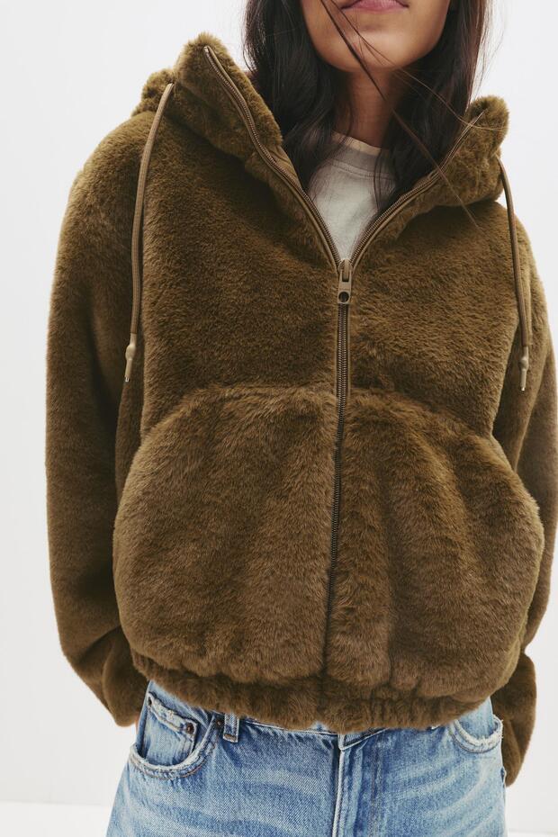 Kapüşonlu suni kürk ceket - 5