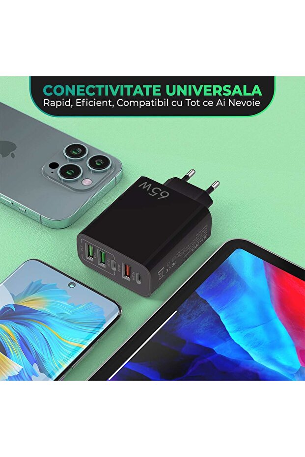 Încărcător de perete, 5 porturi, încărcare rapidă 65W, 3 x USB, 2 x Tip-C, universal, negru - 5