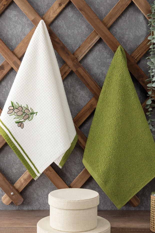 Set of 2 Kitchen Towels - Ecru and Green Color - Olive Figured Cotton 40X60 cm