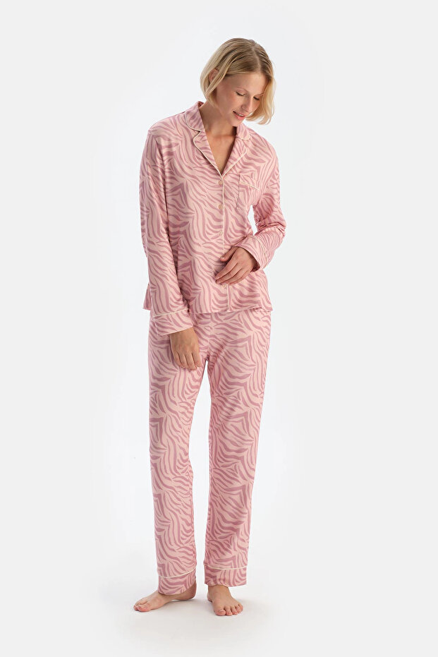 Açık Pembe Zebra Desenli Gömlek Pantolon Pijama Takımı - 4