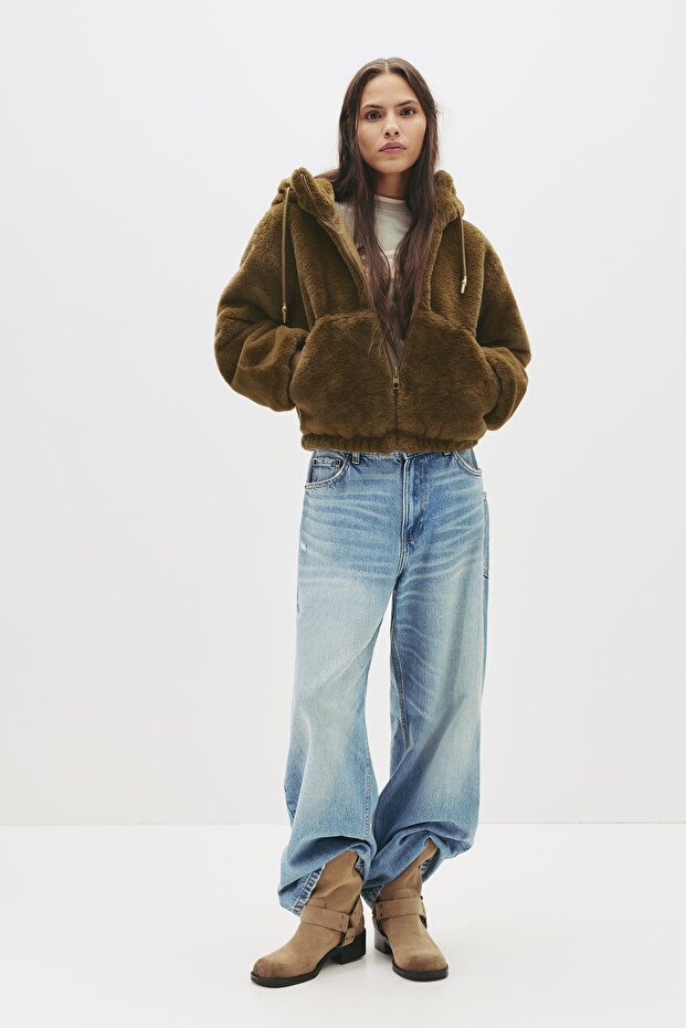 Kapüşonlu suni kürk ceket - 2