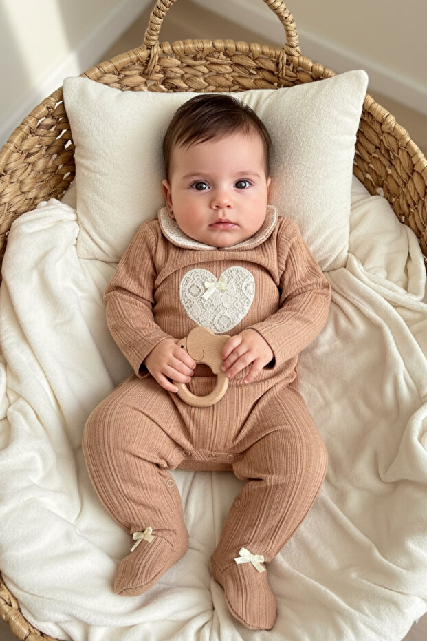 Long Sleeve 100% Cotton Baby Collar Gift Baby Girl Romper with Booties 3-9 Months Tan