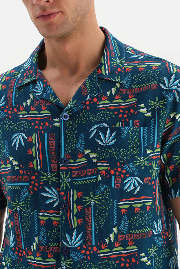 Lacivert Gömlek Yaka Metraj Baskılı Dokuma Pijama Takımı - 4