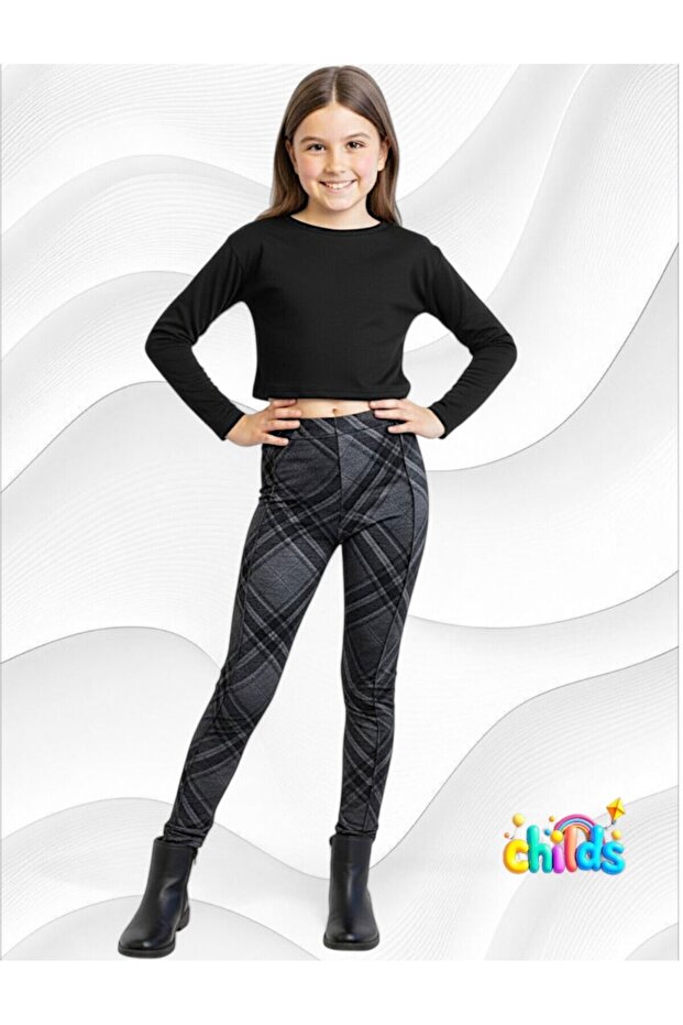 Plaid Gray Steel Interlock Medium Thick Cotton Lycra Girls Ribbed Stitching Pants Leggings