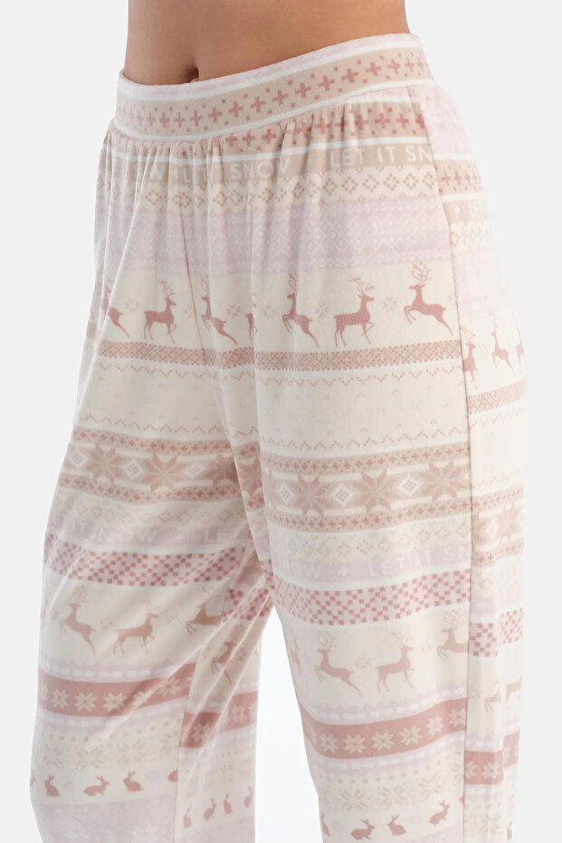 Ekru Geyikli Altı Metraj Baskılı Pijama Takımı - 7