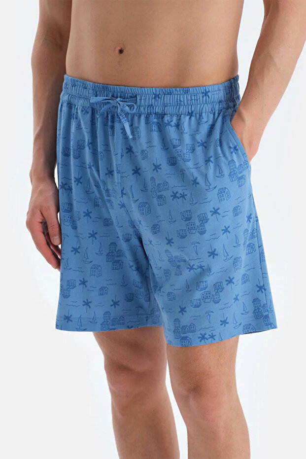 Mavi Baskı Detaylı Kısa Kollu Tişört Şort Pijama Takımı - 6