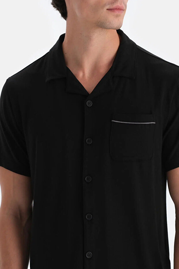 Siyah Gömlek Yaka Şort Pijama Takımı - 6