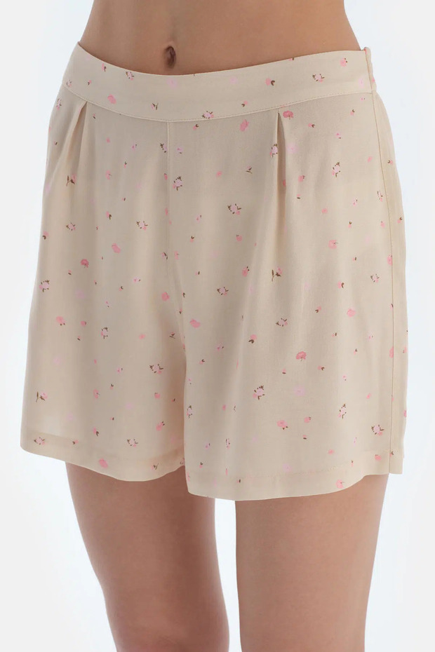 Ekru Çıtır Çiçek Desenli Dokuma Şort - 5