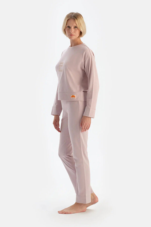Lila Slogan Baskı Detaylı Uzun Kol Pamuklu Pijama Takımı - 3