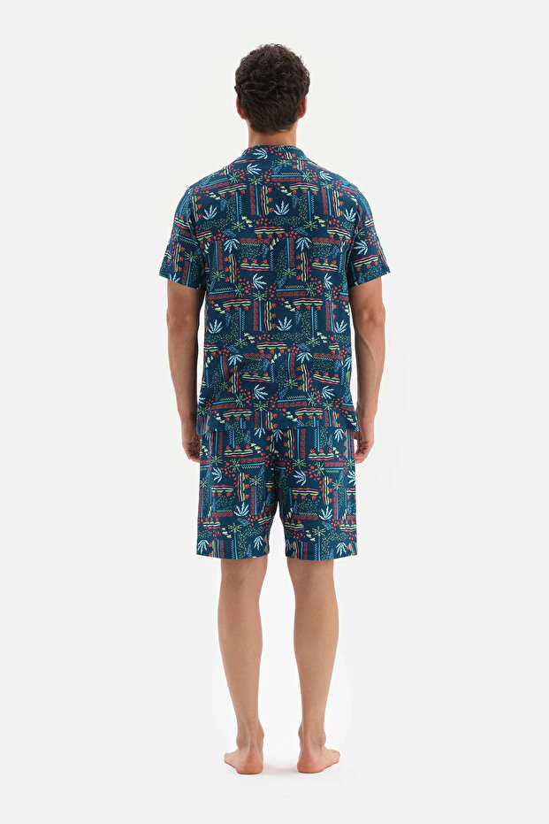 Lacivert Gömlek Yaka Metraj Baskılı Dokuma Pijama Takımı - 2