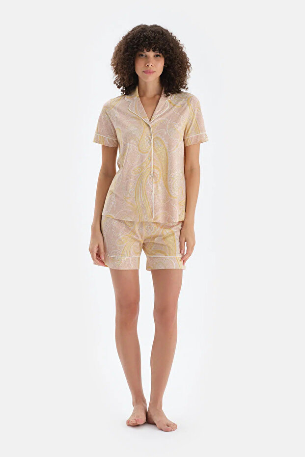 Turuncu Şal Desenli Penye Modal Gömlek Şort Pijama Takımı - 1