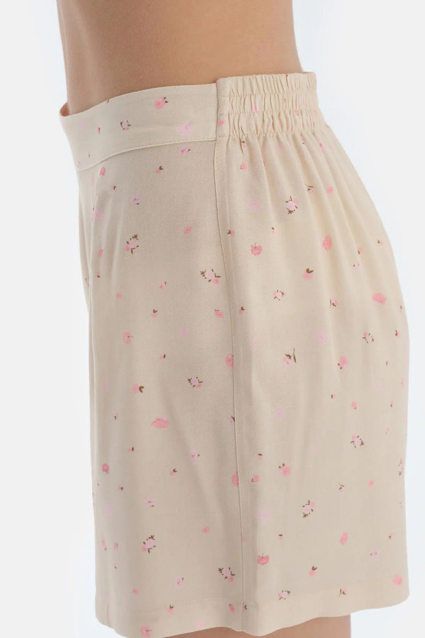 Ekru Çıtır Çiçek Desenli Dokuma Şort - 6