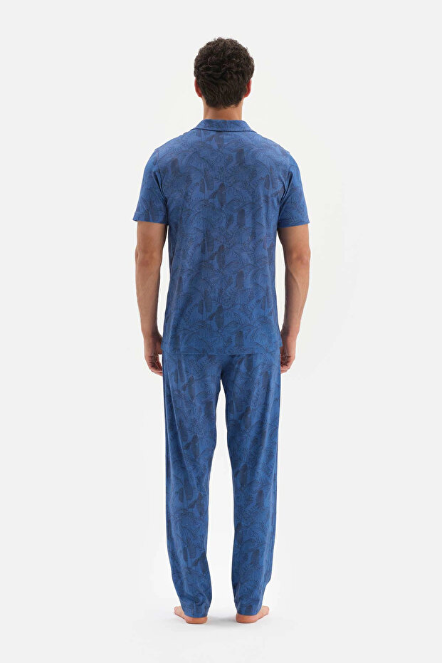Mavi Gömlek Yaka Metraj Baskılı Pamuk Modal Pijama Takımı - 2