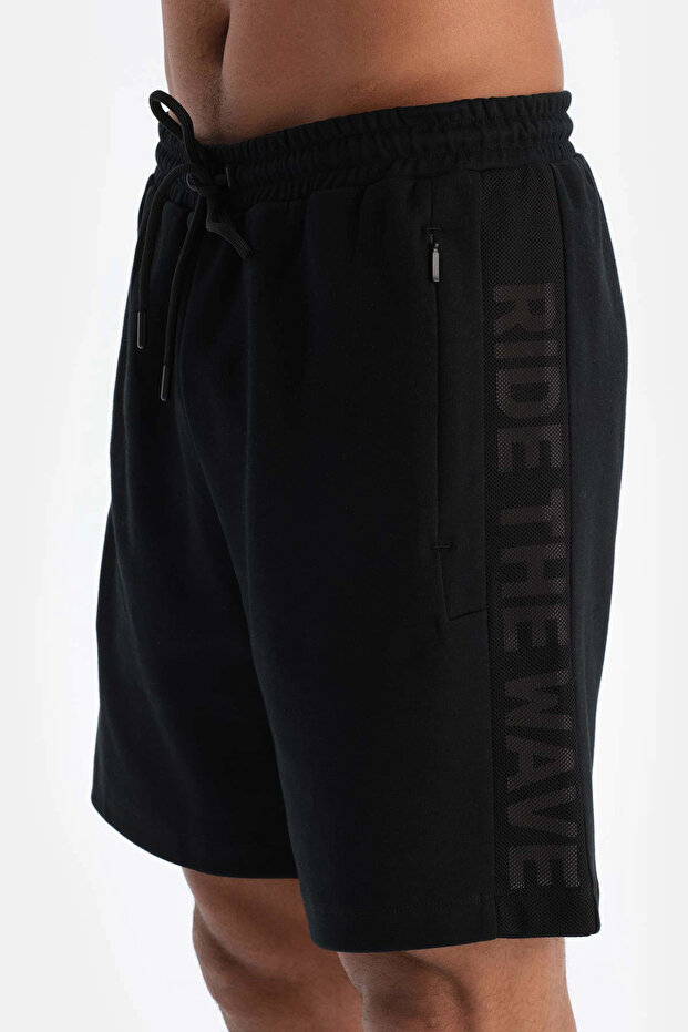Siyah Active Erkek Yan Baskılı File Detaylı Şort - 5