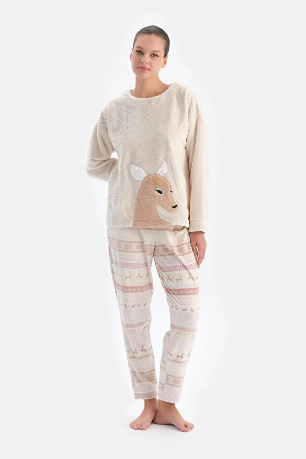 Ekru Geyikli Altı Metraj Baskılı Pijama Takımı - 1