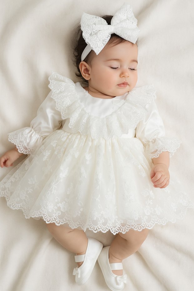 White Lace Baby Girl Hospital Release Special Occasion Dress 3 Piece Set with Headband and Shoes