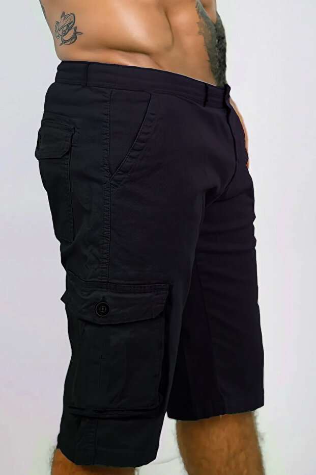 Likralı Gabardin Bermuda Şort - Erkek Şort - Kapri Şort - Siyah Şort - 5