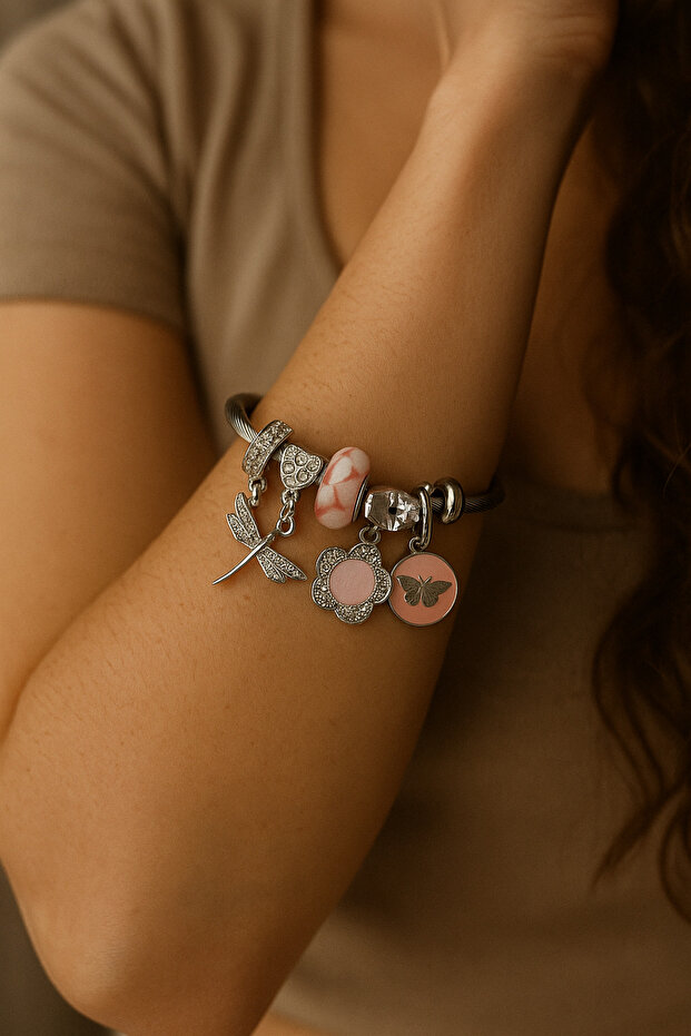 1St Class Steel Silver No Darkening Pink Flower Bracelet