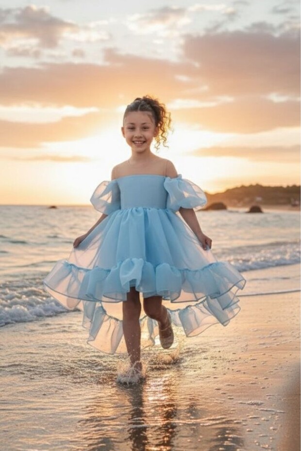 Flared Madonna Collar Puffy Chiffon Luxurious Blue Children Evening Dress Aby218