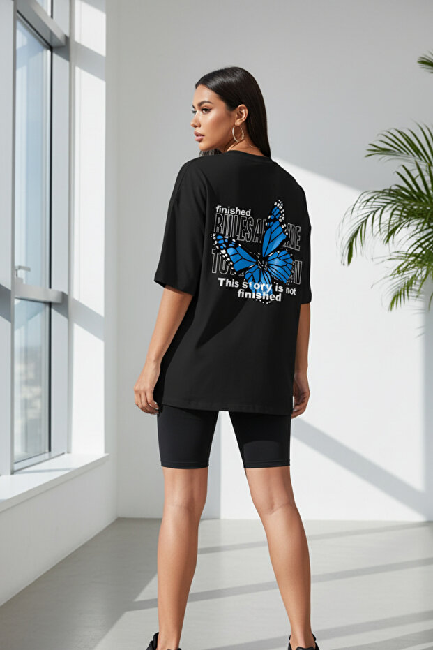 Malkoçbey Blue Back Butterfly Printed Oversize Unisex Basic T-Shirt