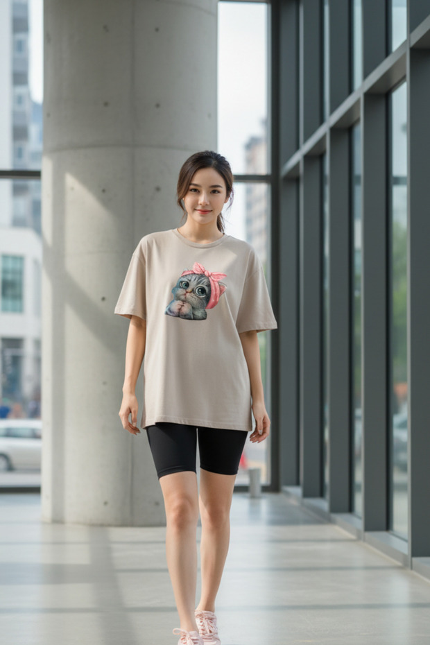 Cute Cat Printed Oversize Basic O-Neck Unisex T-Shirt