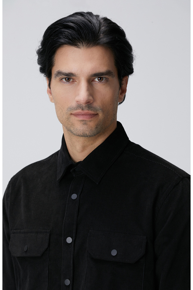 Siyah Çift Cepli Fitilli Kadife Gömlek - 7