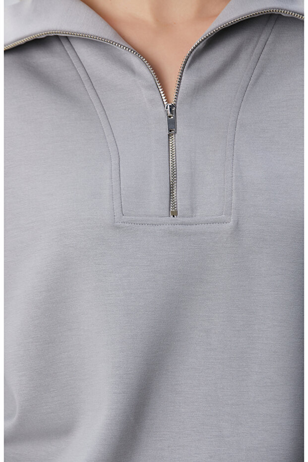 Gri Fermuarlı Sweatshirt - 6