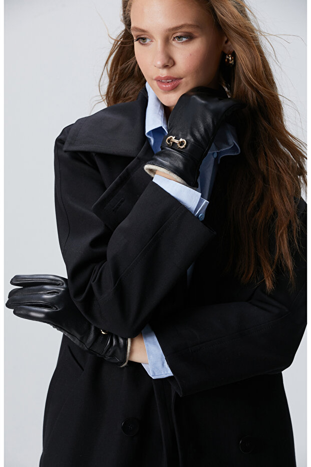 Siyah Kadın Deri Eldiven - 4
